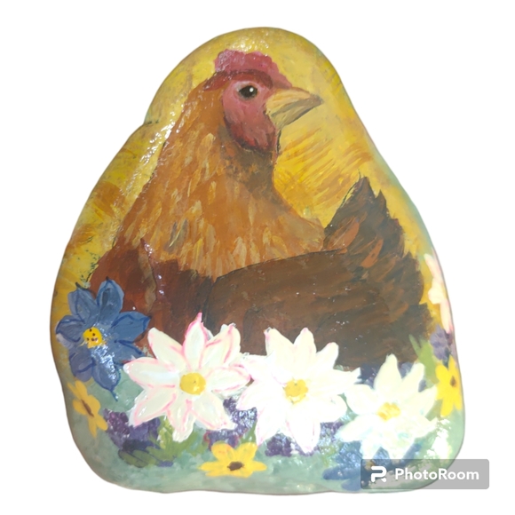 Signed Handpainted Chicken Garden Stone Decor Hen VT Artist Paperweight - Picture 1 of 6